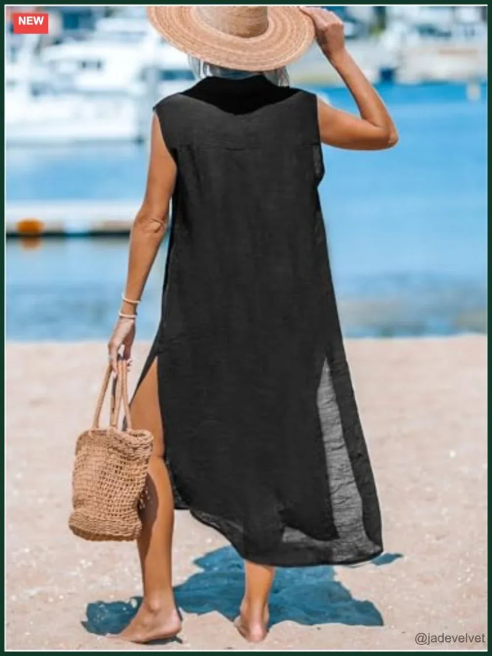 Sleeveless V Neck Midi Beach Dress with Side Split